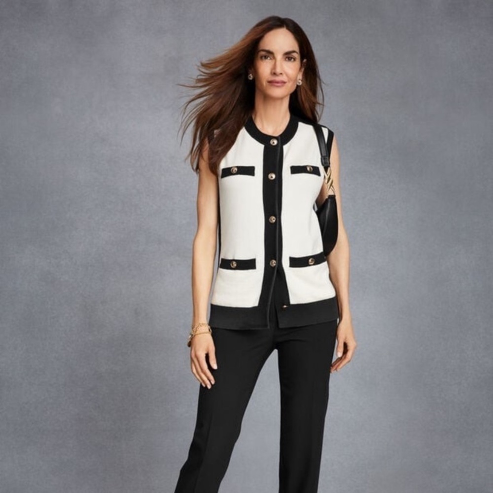 Talbots White with Black Trim and Gold Buttons Women's Sweater Vest size Large